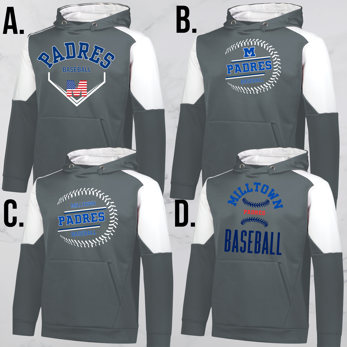 MP 07 - PADRES - Holloway Unisex Momentum Team Hooded Sweatshirt (Performance Fleece) Royal Blue and White or Gray and White