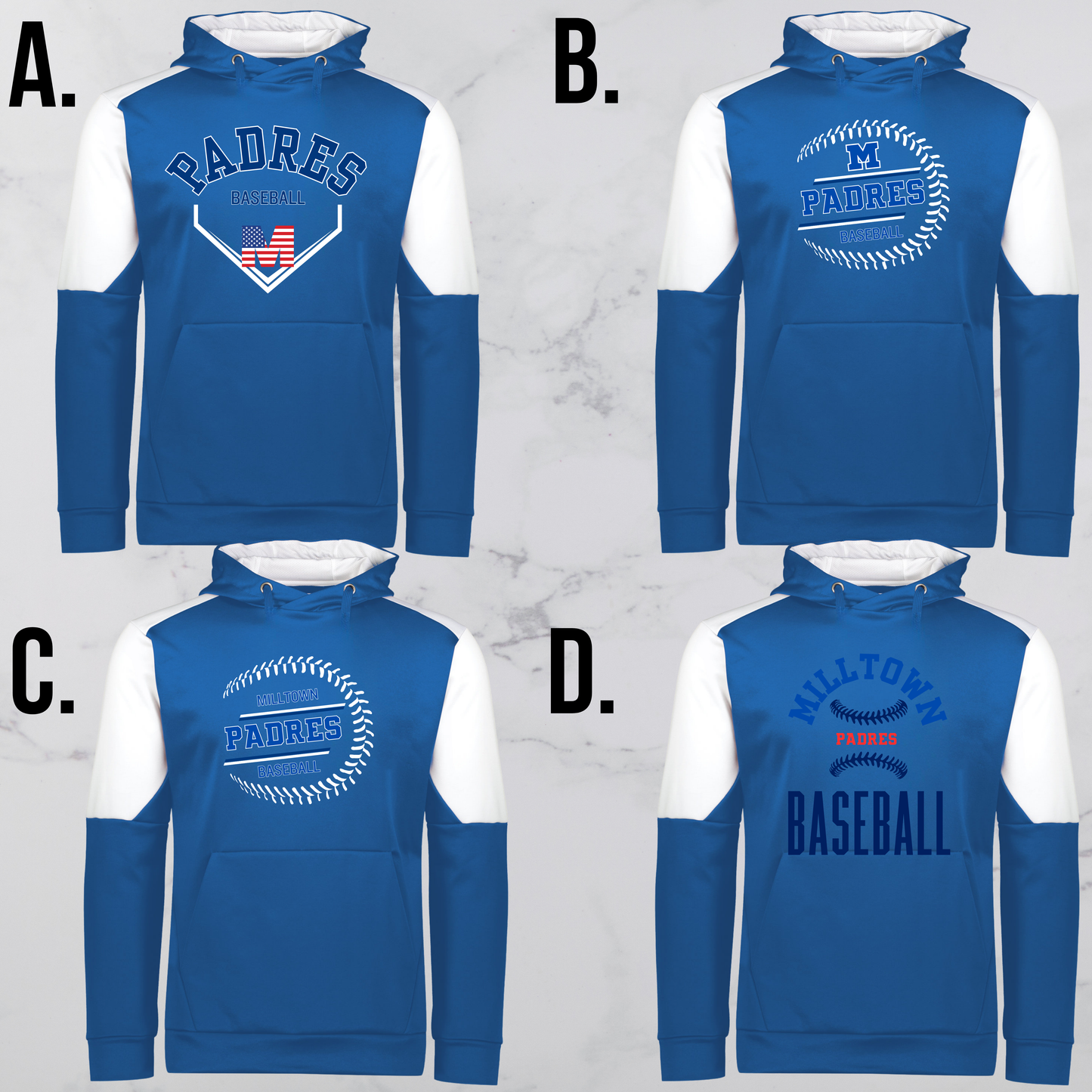 MP 07 - PADRES - Holloway Unisex Momentum Team Hooded Sweatshirt (Performance Fleece) Royal Blue and White or Gray and White