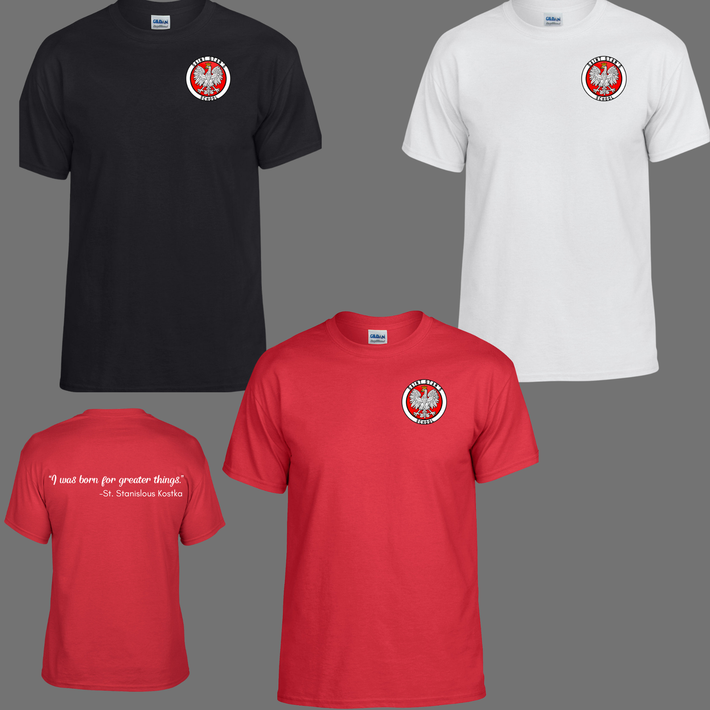 SSK 007 - Saint Stans School Pocket size Logo - With Quote on the Back - Tee-Shirt