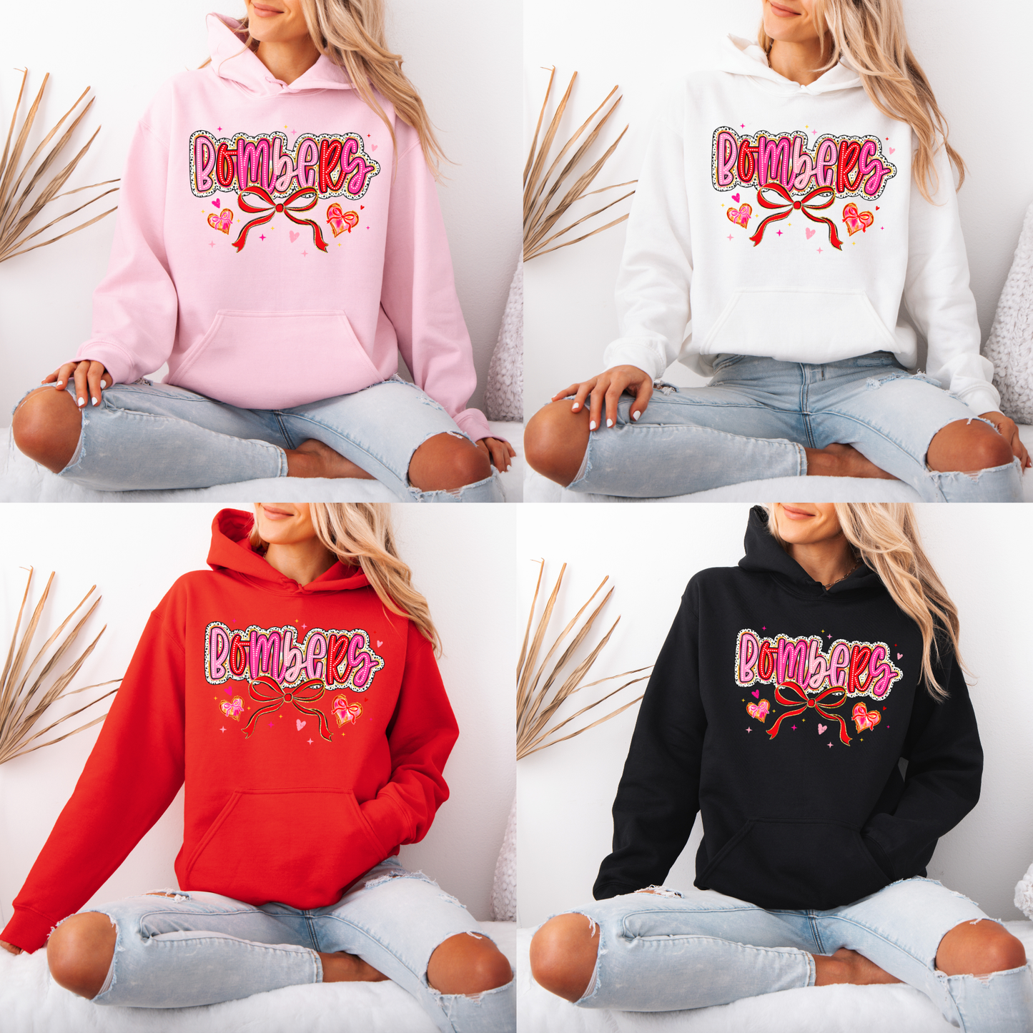 BGB 029 - BOMBERS with bow and 2 hearts- Crewneck Sweatshirt or Hooded Sweatshirt or Tee Shirt