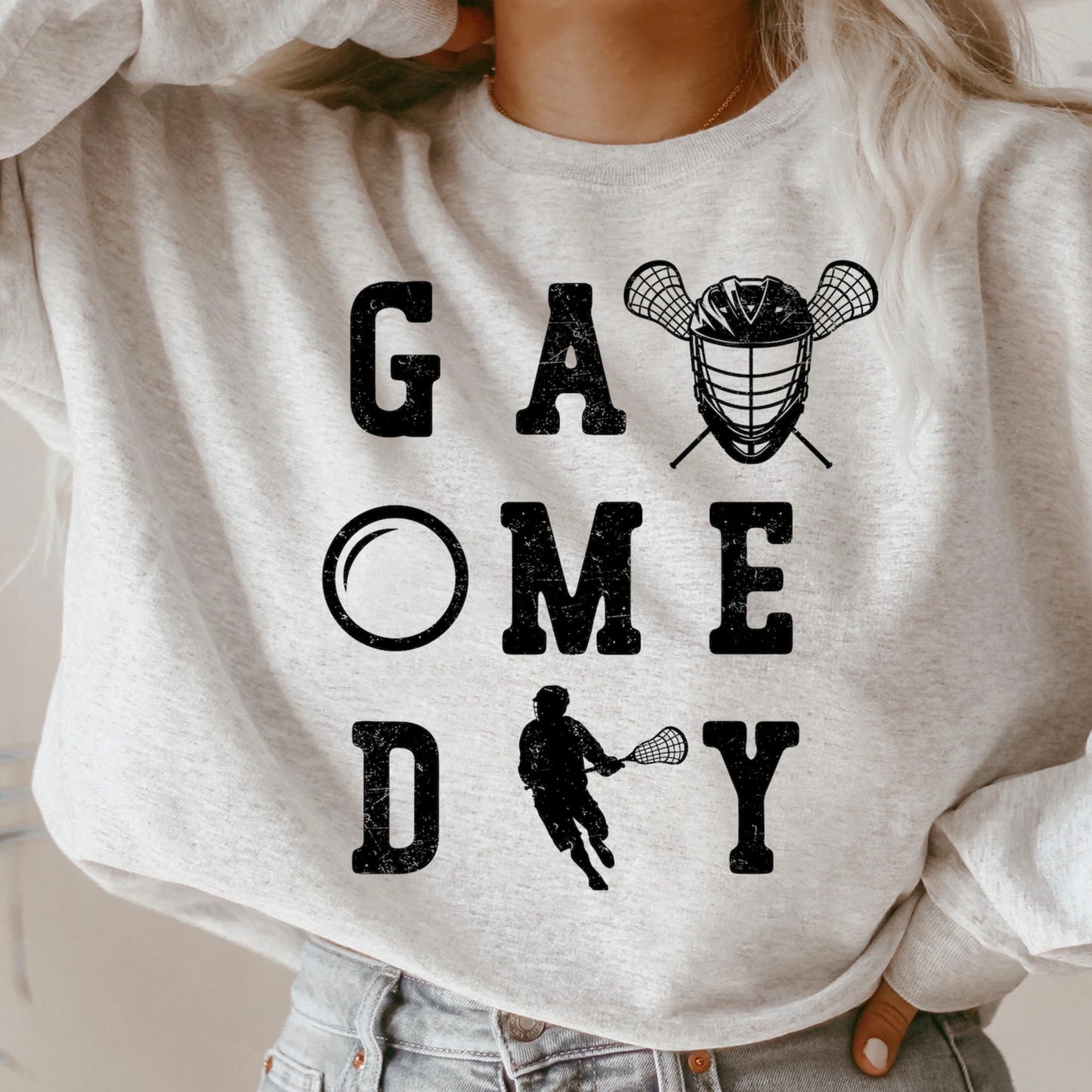 LAX 027 - GAME DAY - Lacrosse Designed Crewneck Sweatshirt - Cotton/Fleece Blend - ASH GRAY