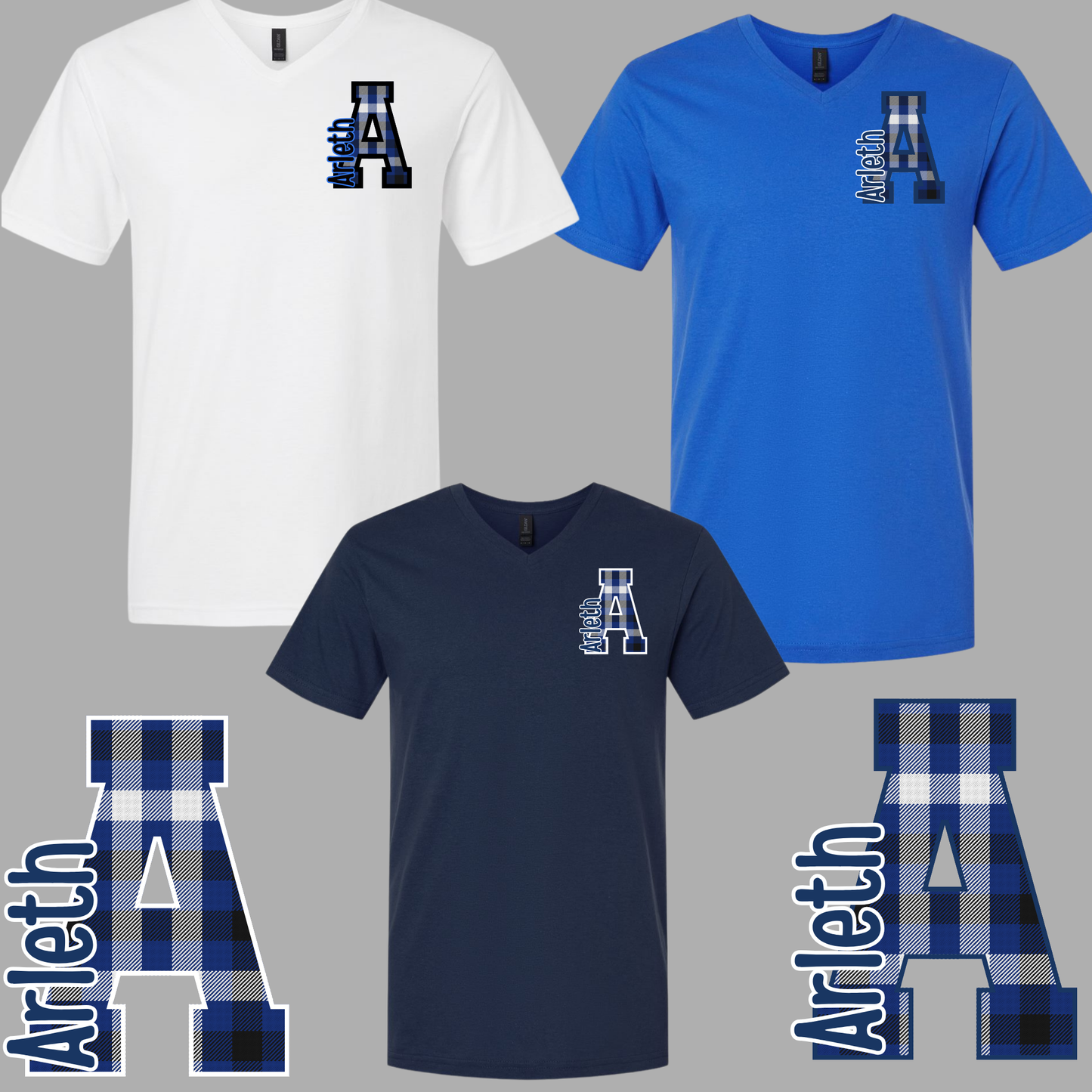 Arleth - 004 -V-neck Tee shirt - Letter A (Navy Blue and Royal and White Plaid)