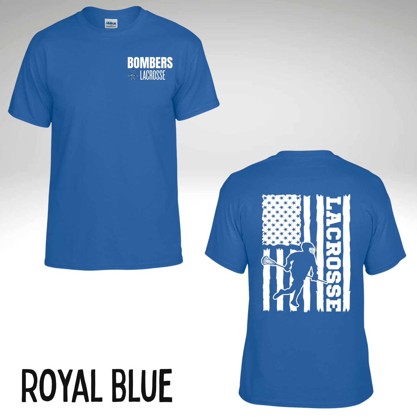 LAX 025 - Tee Shirt - Lacrosse Player/Flag Design - Black, Charcoal Gray and Royal Blue