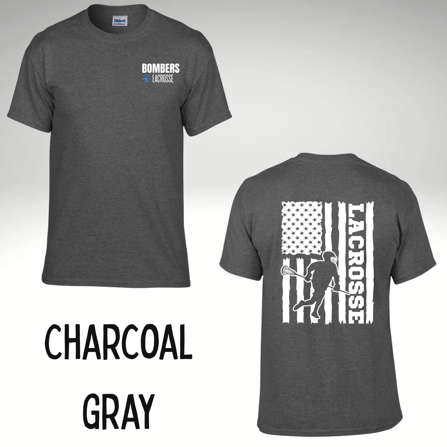 LAX 025 - Tee Shirt - Lacrosse Player/Flag Design - Black, Charcoal Gray and Royal Blue