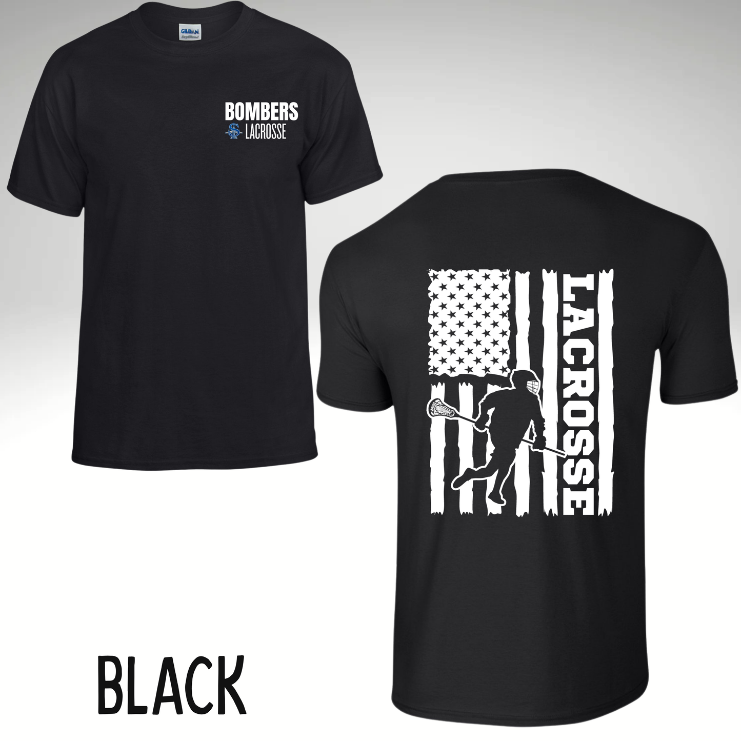 LAX 025 - Tee Shirt - Lacrosse Player/Flag Design - Black, Charcoal Gray and Royal Blue