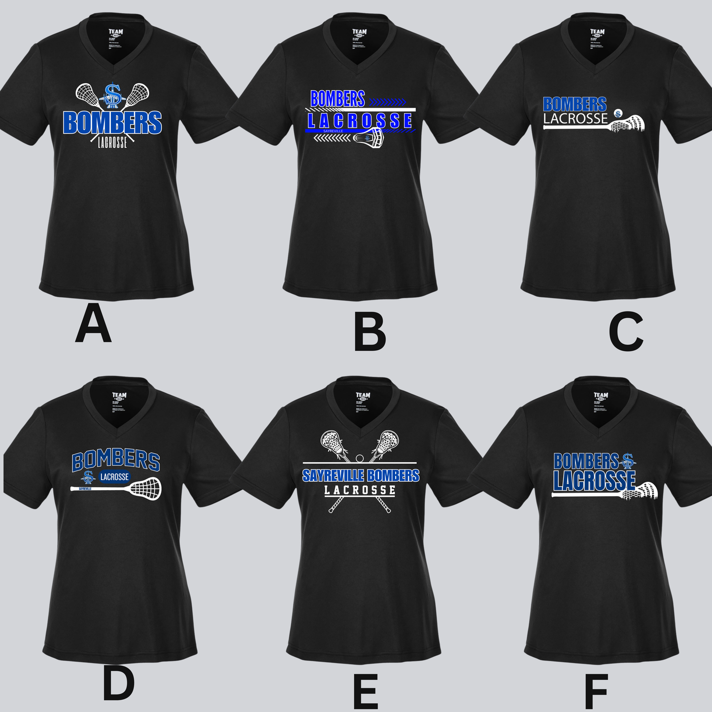 LAX 014 - Team 365 WOMENS V-NECK - Performance T-Shirt (Dri Fit) Black, Charcoal Gray and Royal Blue