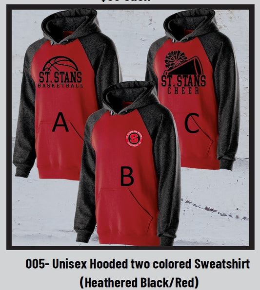 005 - Unisex Hooded two colored Sweatshirt - HEATHERED BLACK/RED