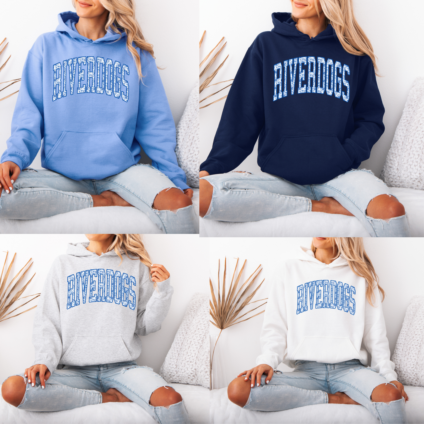 SBC 005 - RIVERDOGS blue and white floral wording- Hooded Sweatshirt