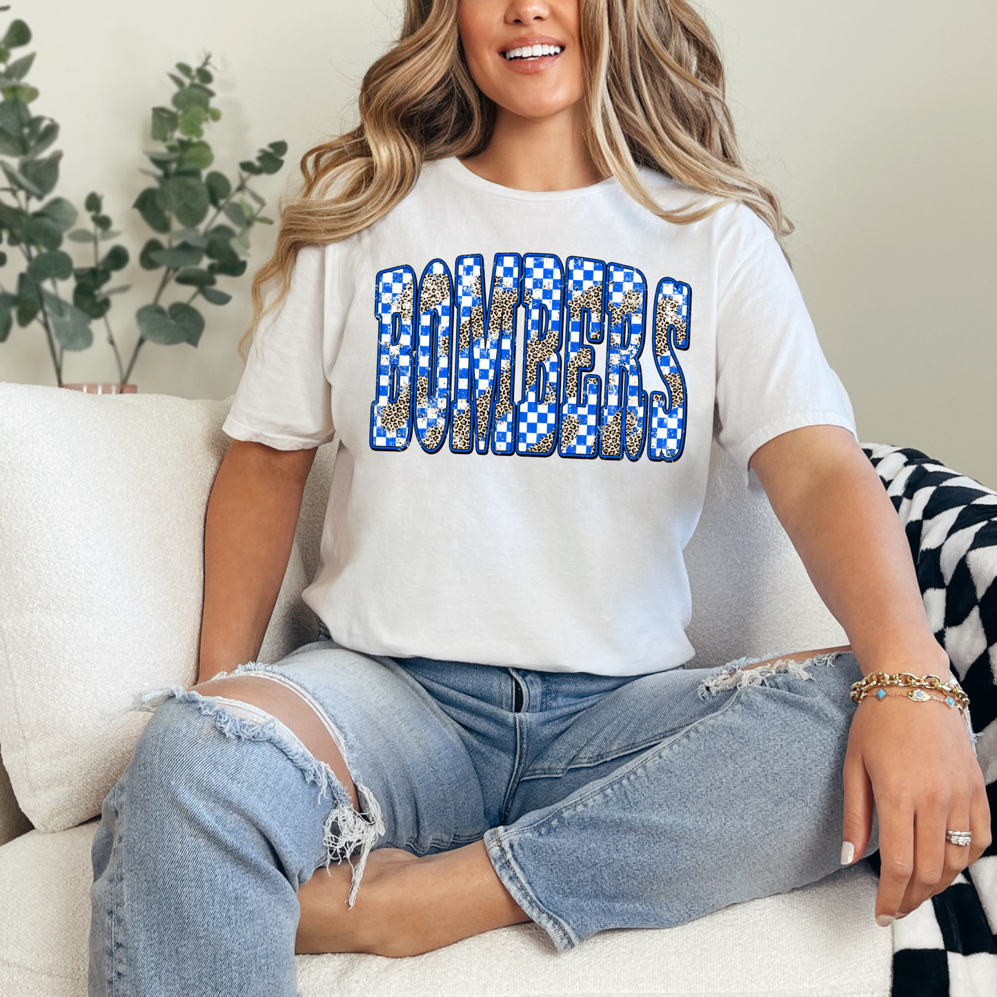 Flight Crew Dance Team - BOMBERS Blue checkered with Cheetah - Crewneck Sweatshirt or Hooded Sweatshirt or Tee Shirt