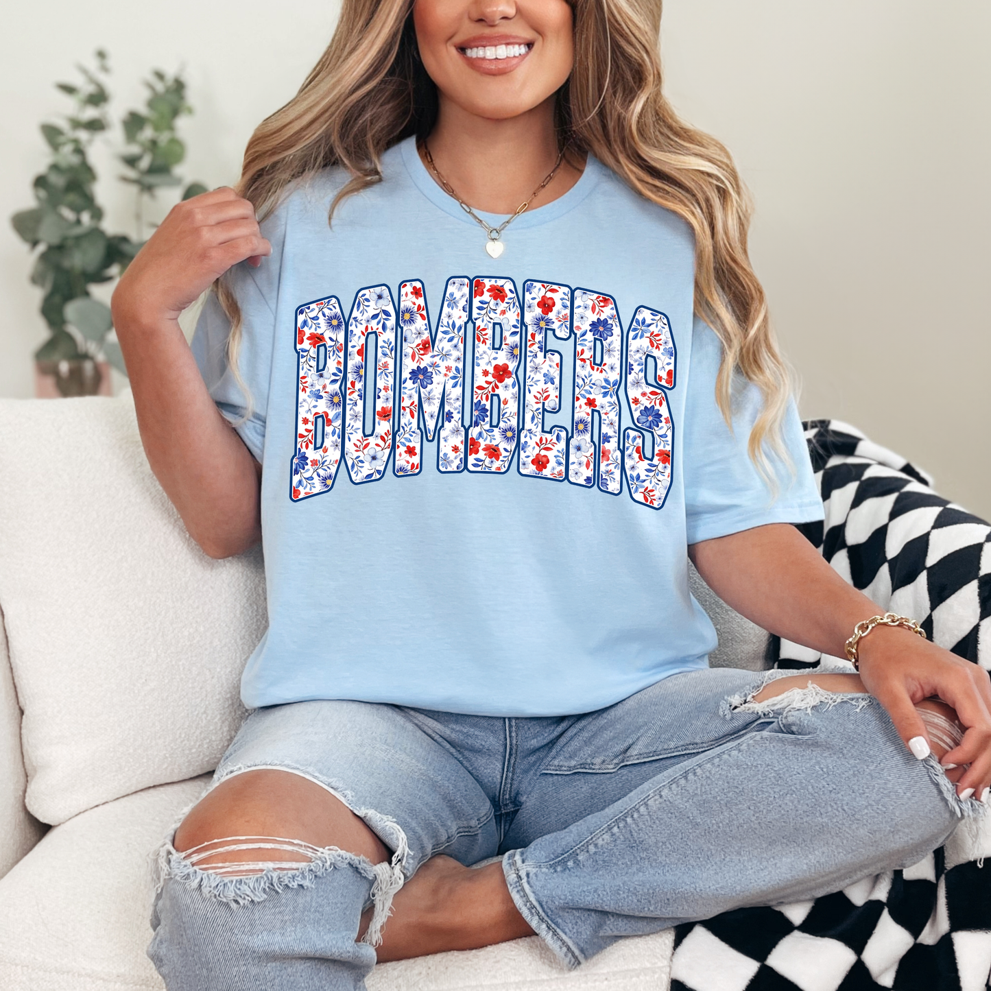 Flight Crew Dance Team - BOMBERS red, white blue flowers- Crewneck Sweatshirt or Hooded Sweatshirt or Tee Shirt