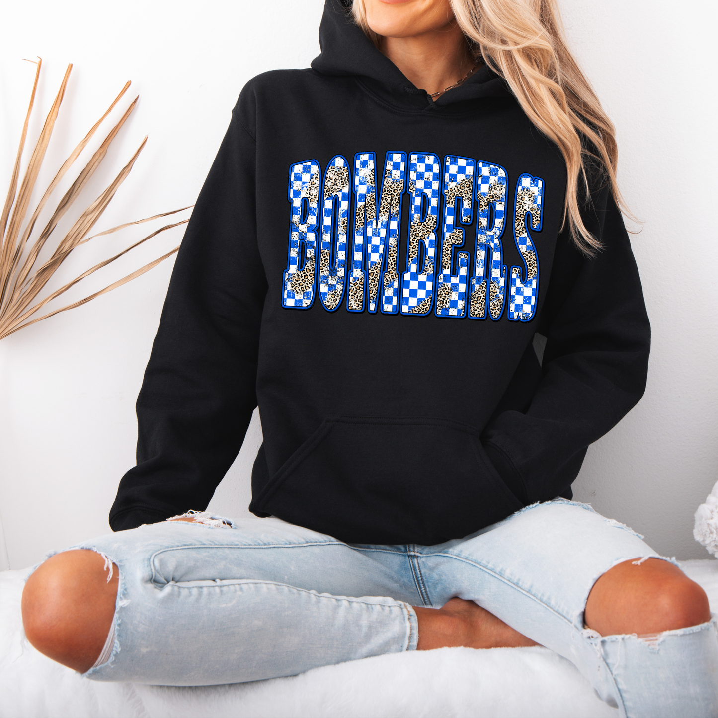 Flight Crew Dance Team - BOMBERS Blue checkered with Cheetah - Crewneck Sweatshirt or Hooded Sweatshirt or Tee Shirt