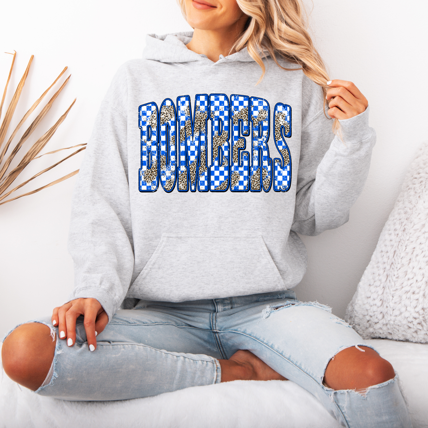 Flight Crew Dance Team - BOMBERS Blue checkered with Cheetah - Crewneck Sweatshirt or Hooded Sweatshirt or Tee Shirt