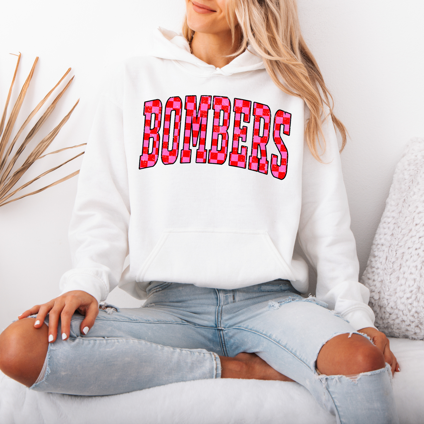 BGB 026- BOMBERS Distressed Checkered PINK AND RED - Crewneck Sweatshirt or Hooded Sweatshirt or Tee Shirt