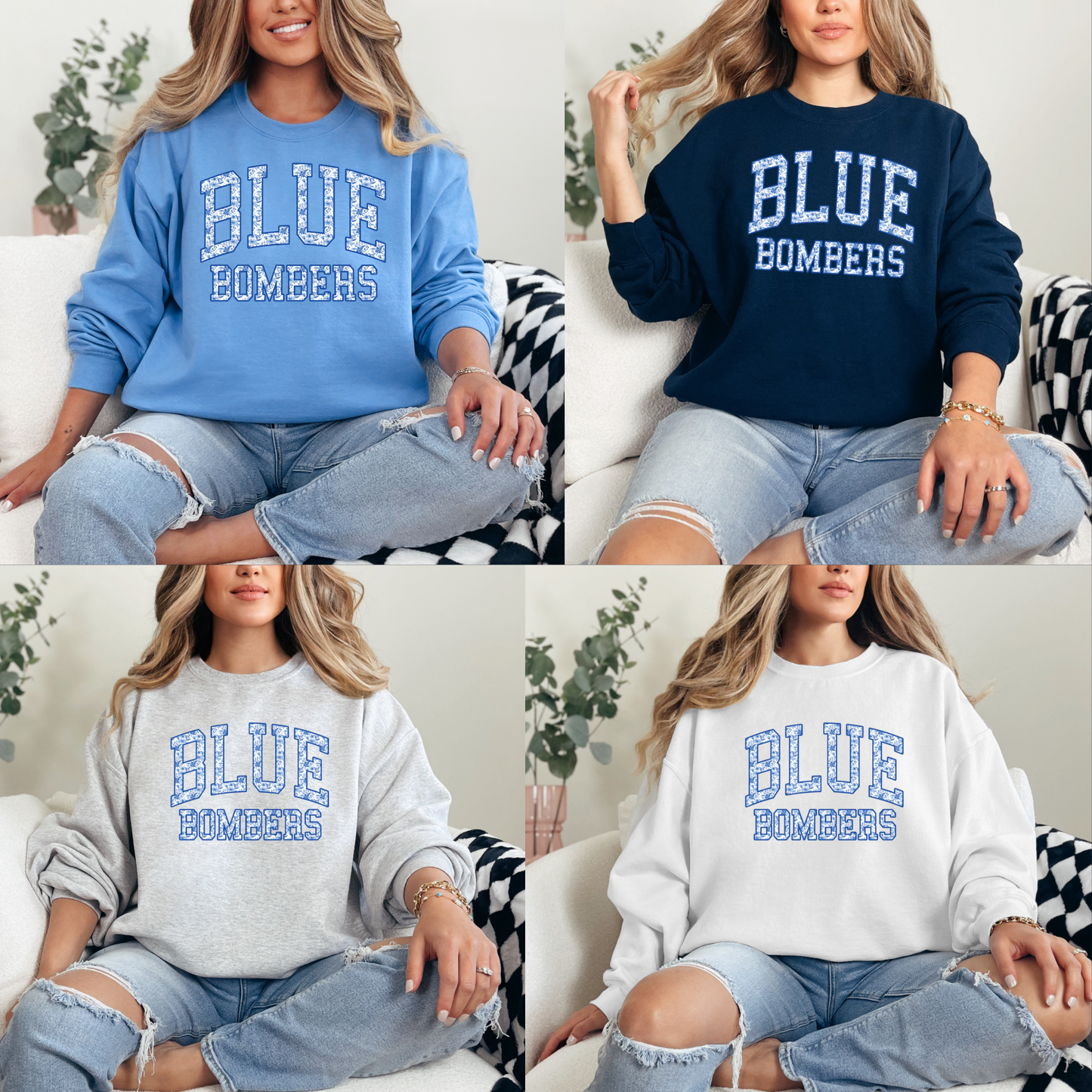 Blue Bombers - (FLORAL WORDING) - Crewneck Sweatshirt or Hooded Sweatshirt or Tee Shirt
