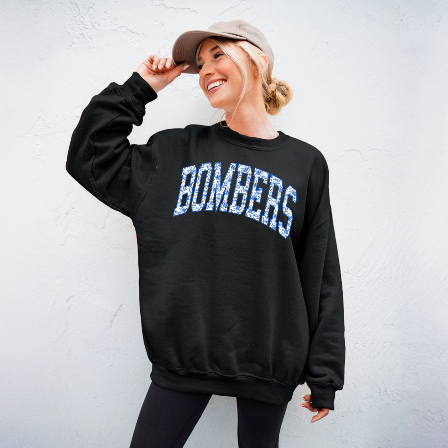 Volleyball 015 -BOMBERS FLORAL Blue and White Logo - Fleece Crewneck Sweatshirt