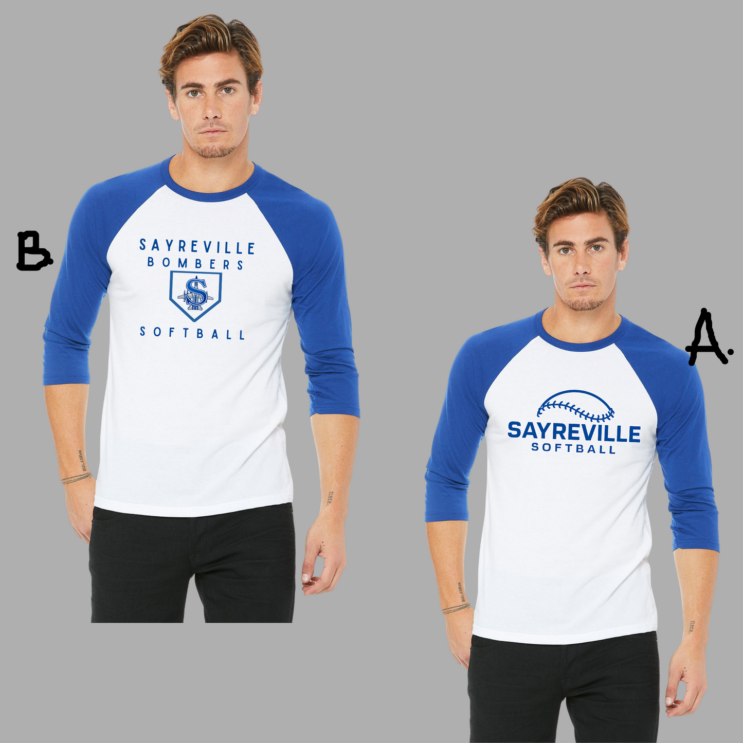 Softball 030- 3/4 sleeve Royal Blue and White shirt