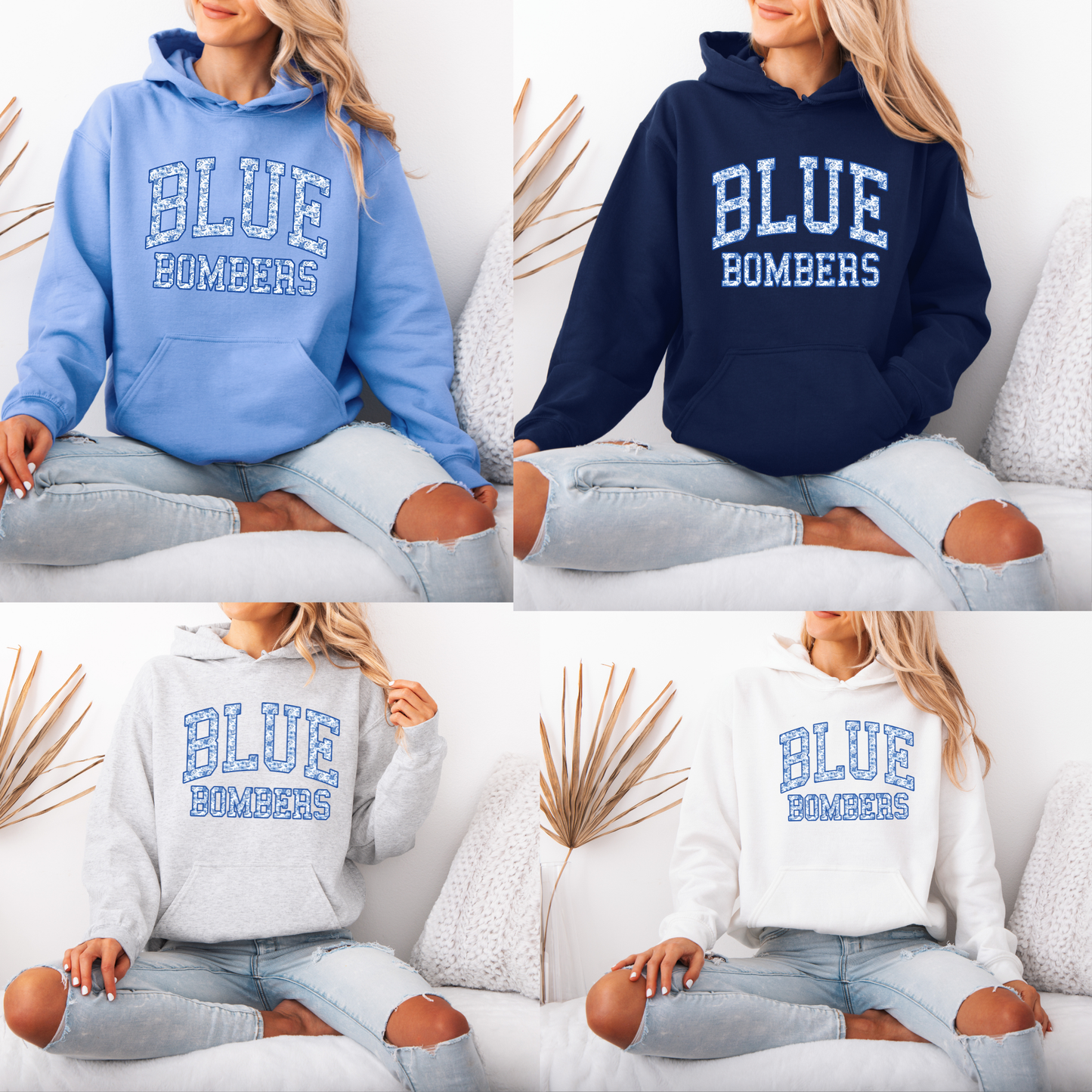 Blue Bombers - (FLORAL WORDING) - Crewneck Sweatshirt or Hooded Sweatshirt or Tee Shirt