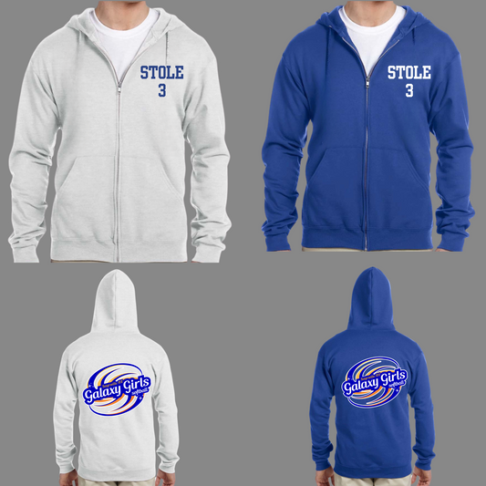 Galaxy Girls 011 - Full Zip Up Hooded Sweatshirt (name/number on front and logo on back)