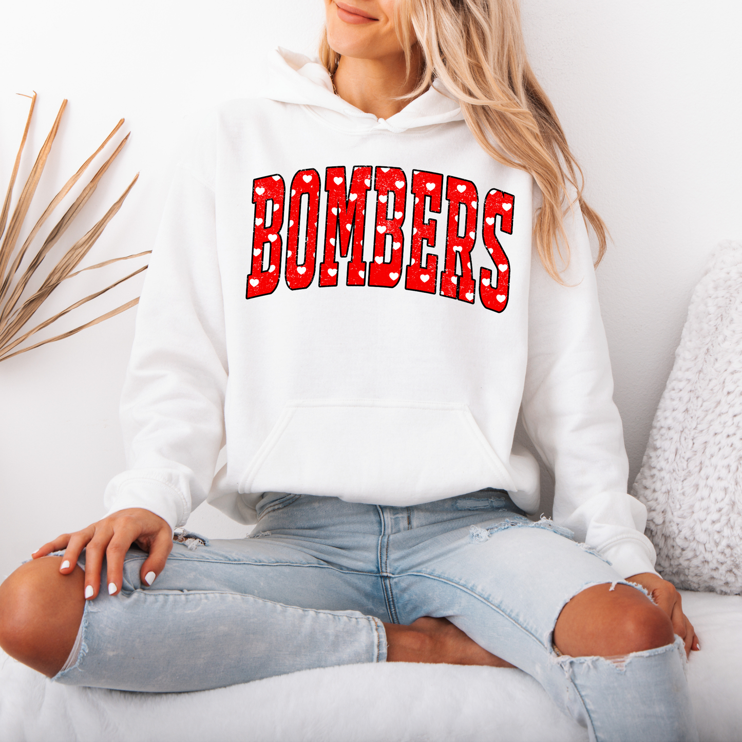 BGB 025- BOMBERS RED with White HEARTS - Crewneck Sweatshirt or Hooded Sweatshirt or Tee Shirt