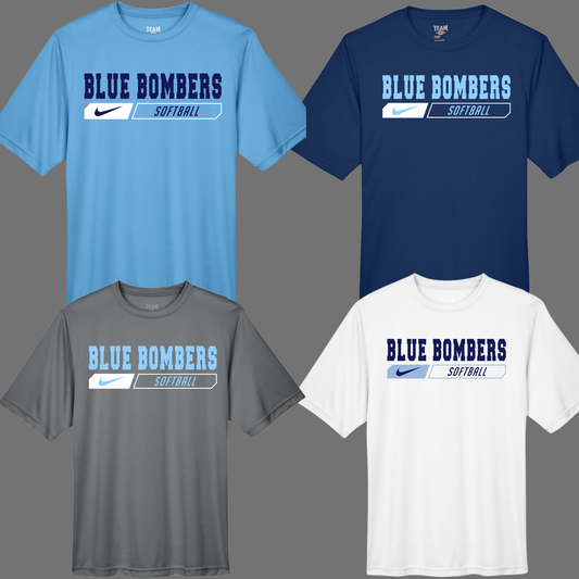 Blue Bombers 012- Team 365 Unisex Performance T-Shirt (Dri Fit) - Blue Bomber Swoosh Logo