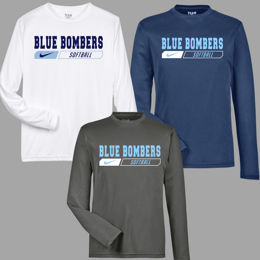 Blue Bombers 015 -Adult & Youth Unisex Performance Long Sleeve Shirt (Dri Fit) Blue Bombers Swoosh logo