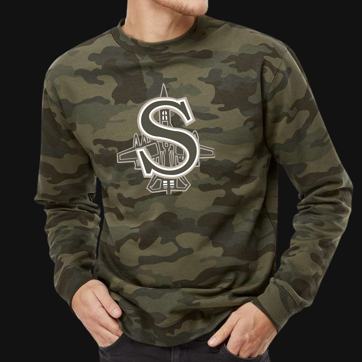 BBB - 004 - Camouflage w/ Green S logo - Tee-Shirt, Crewneck Sweatshirt or Hooded Sweatshirt