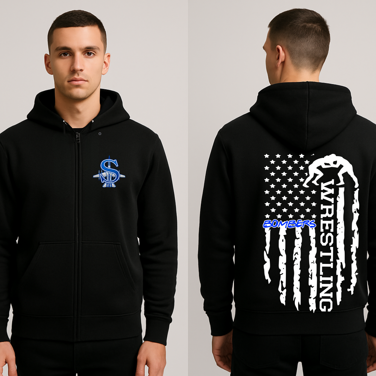 Wrestling 012 -Full Zip Up Hooded Sweatshirt with Hood - Bombers Flag on Back