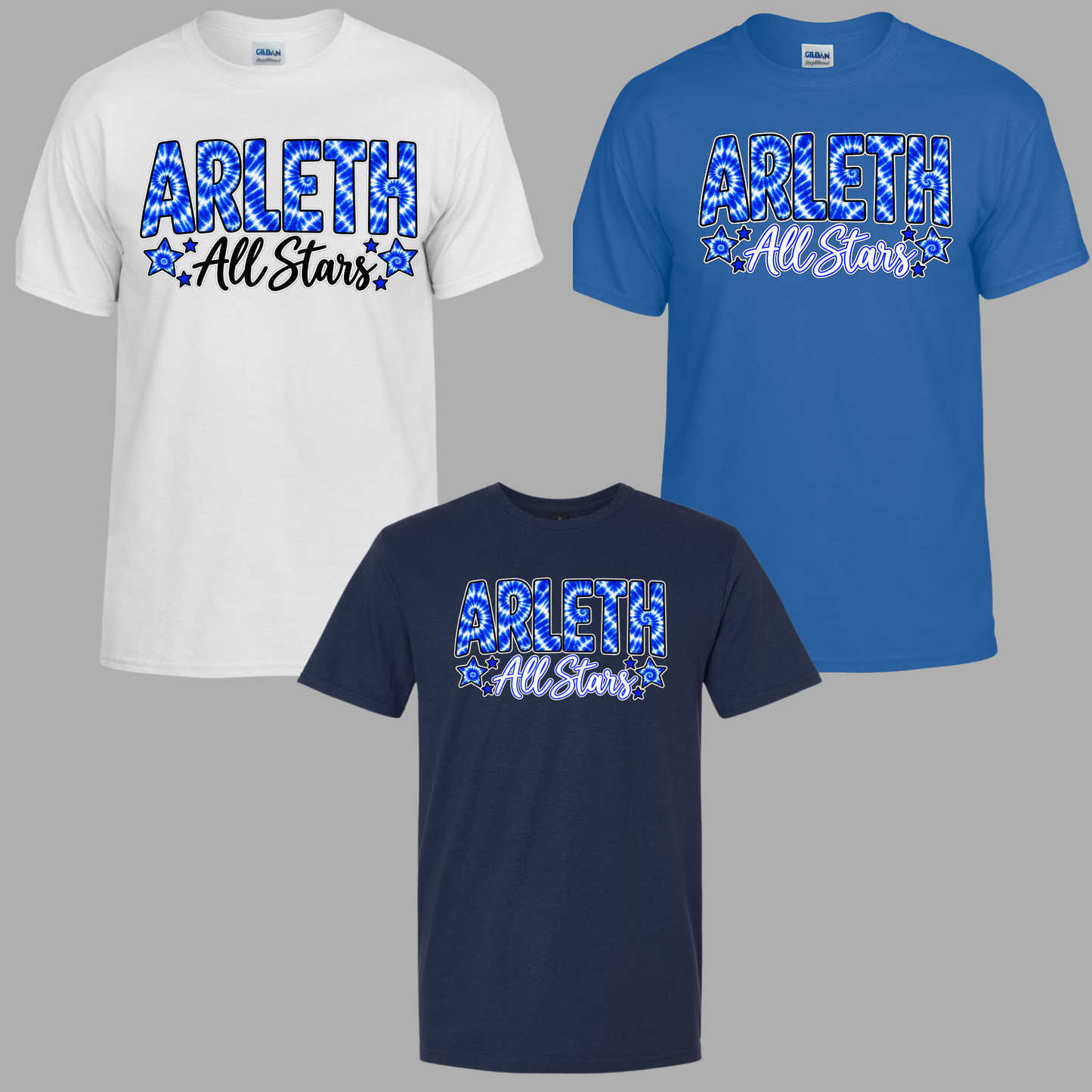 Arleth 004 - ARLETH All Stars tie dye design - Tee Shirt, Crew neck Sweatshirt, or Hooded Sweatshirt