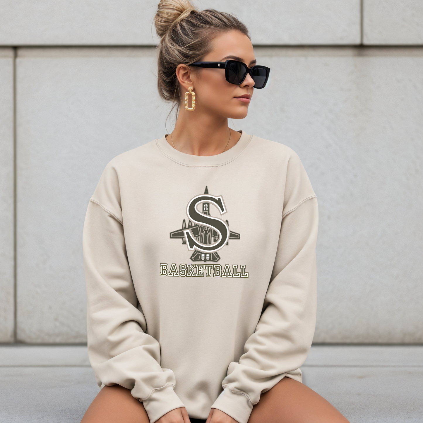 BBB - 006- Green S Basketball Logo- Sand Color Apparel - Tee-Shirt, Crewneck Sweatshirt or Hooded Sweatshirt