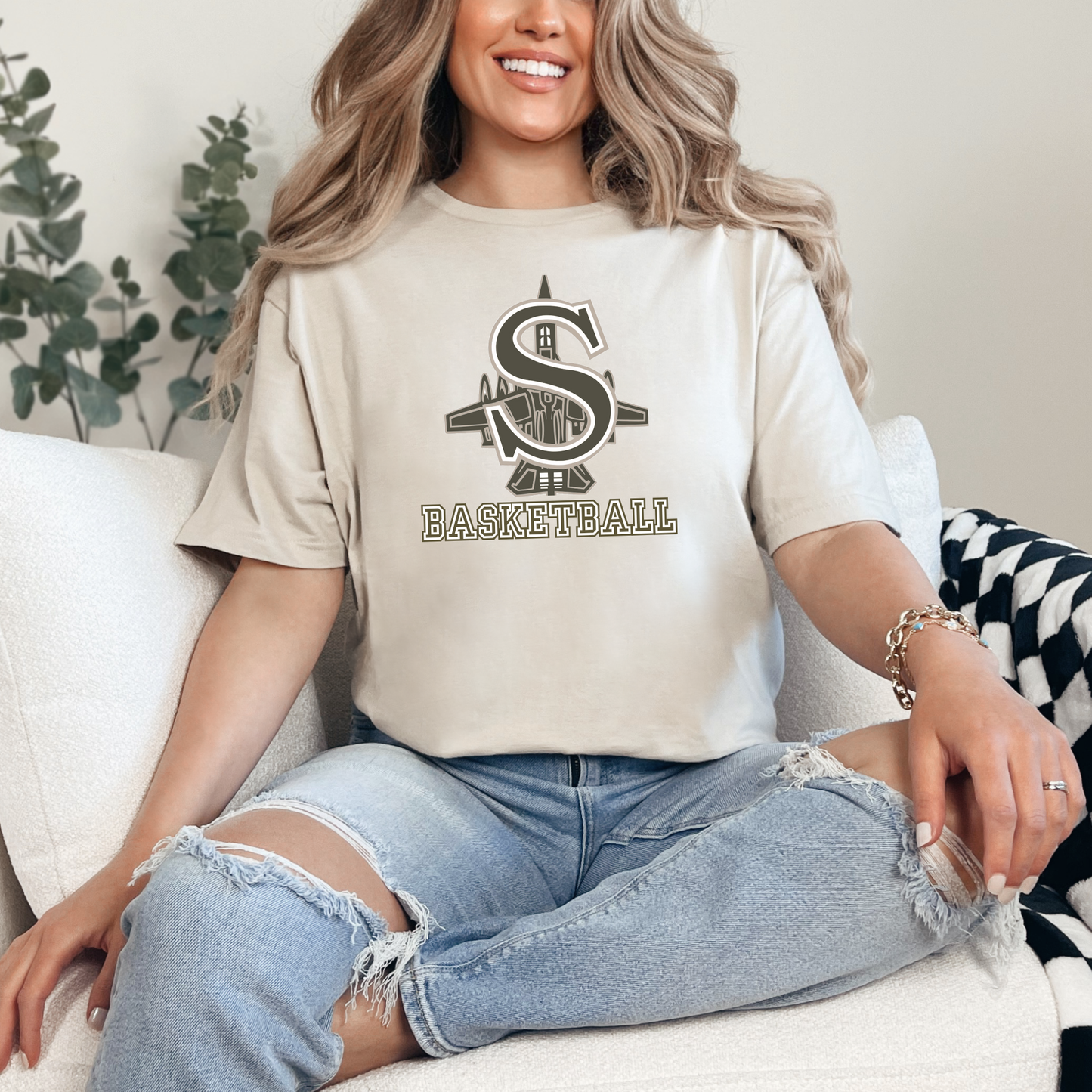 BBB - 006- Green S Basketball Logo- Sand Color Apparel - Tee-Shirt, Crewneck Sweatshirt or Hooded Sweatshirt