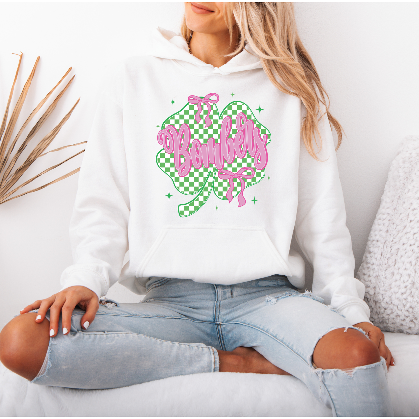 BOMBERS Pink Writing in checkered Shamrock- Crewneck Sweatshirt or Hooded Sweatshirt or Tee Shirt