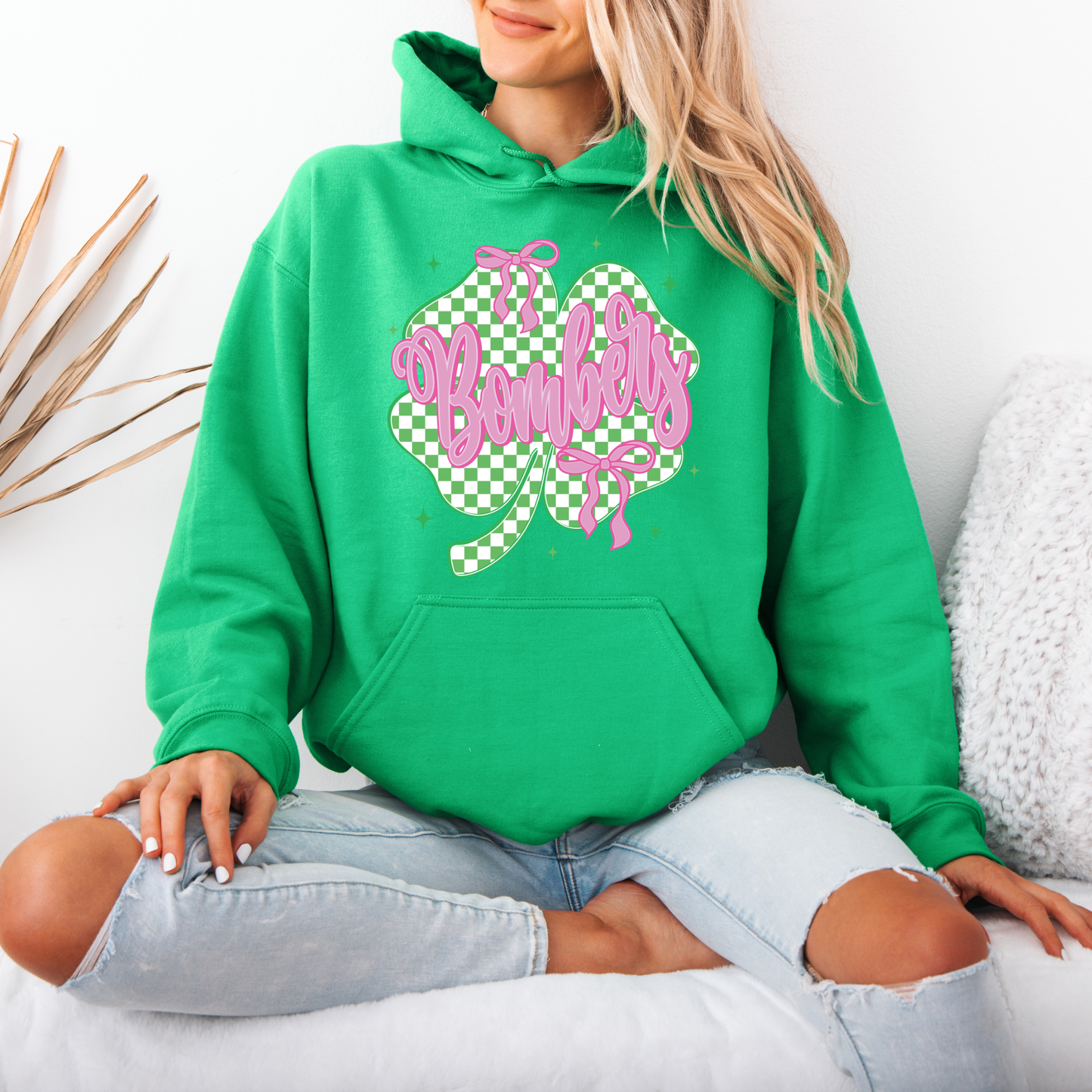 BOMBERS Pink Writing in checkered Shamrock- Crewneck Sweatshirt or Hooded Sweatshirt or Tee Shirt