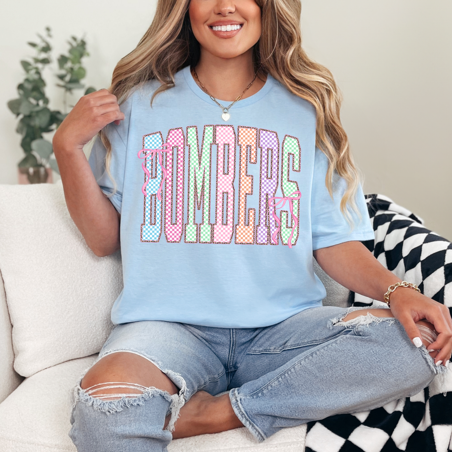 Softball 027- Bombers Easter Vibe- (checkered & cheetah) Crewneck Sweatshirt or Hooded Sweatshirt or Tee Shirt