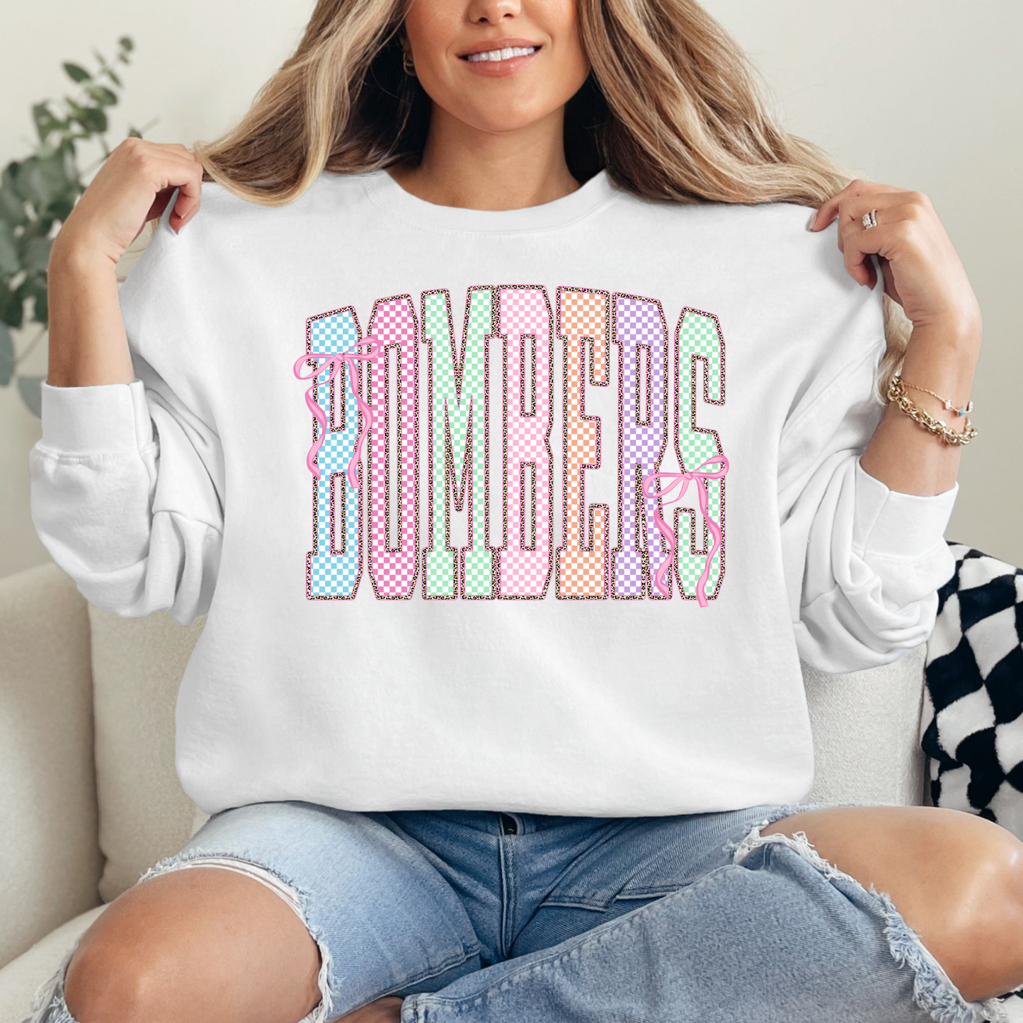 Softball 027- Bombers Easter Vibe- (checkered & cheetah) Crewneck Sweatshirt or Hooded Sweatshirt or Tee Shirt