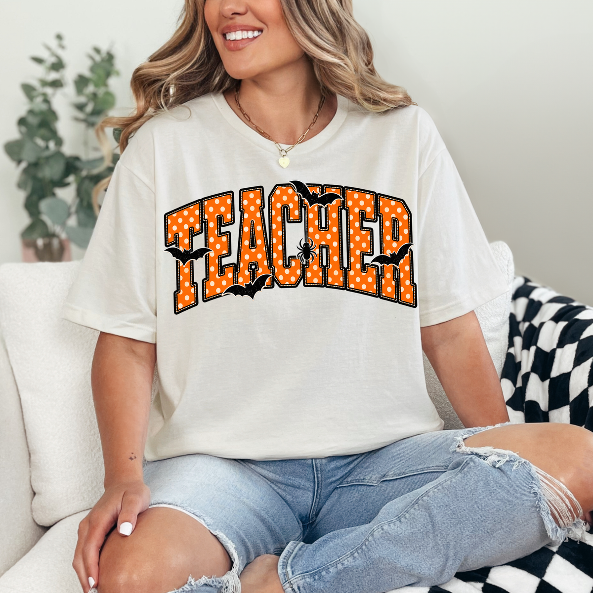 Arleth 025 - TEACHER (Halloween polka dot design) Tee Shirt, Crew neck Sweatshirt, or Hooded Sweatshirt