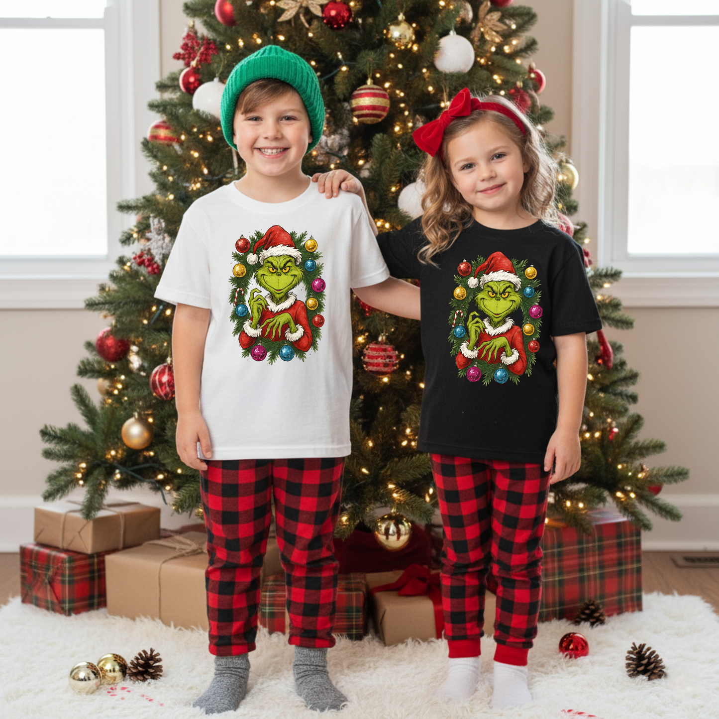 022 - Grinch with Wreath ornaments- Tee-shirt - Crewneck or Hooded Sweatshirt