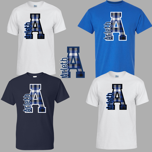 Arleth - 002 -Letter A - Navy Blue and Royal and White Plaid- Tee Shirt