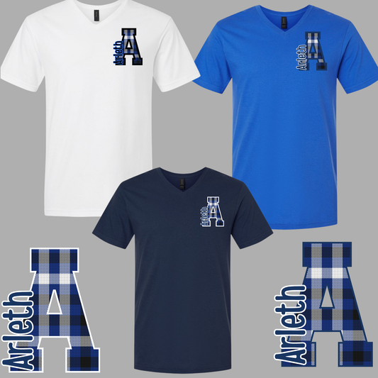 Arleth - 004 -V-neck Tee shirt - Letter A (Navy Blue and Royal and White Plaid)