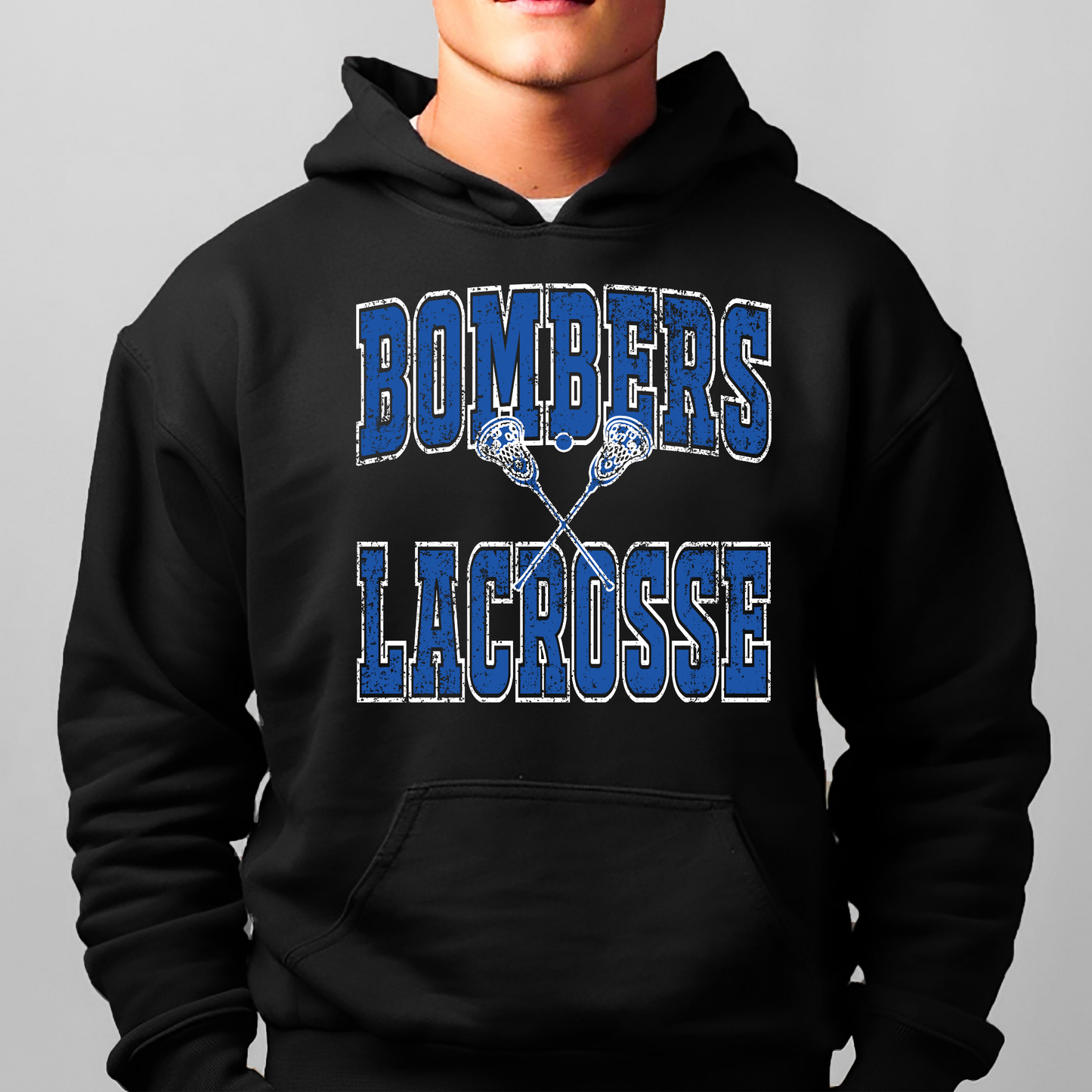 LAX- Bomber Lacrosse (Distressed)- Crewneck Sweatshirt or Hooded Sweatshirt or Tee Shirt