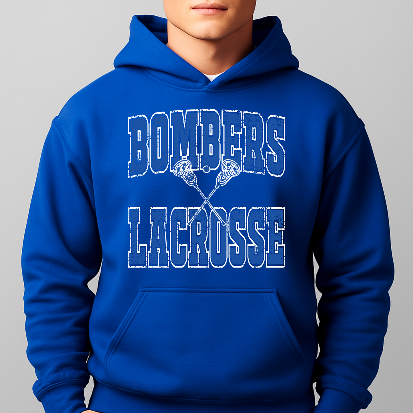 LAX- Bomber Lacrosse (Distressed)- Crewneck Sweatshirt or Hooded Sweatshirt or Tee Shirt