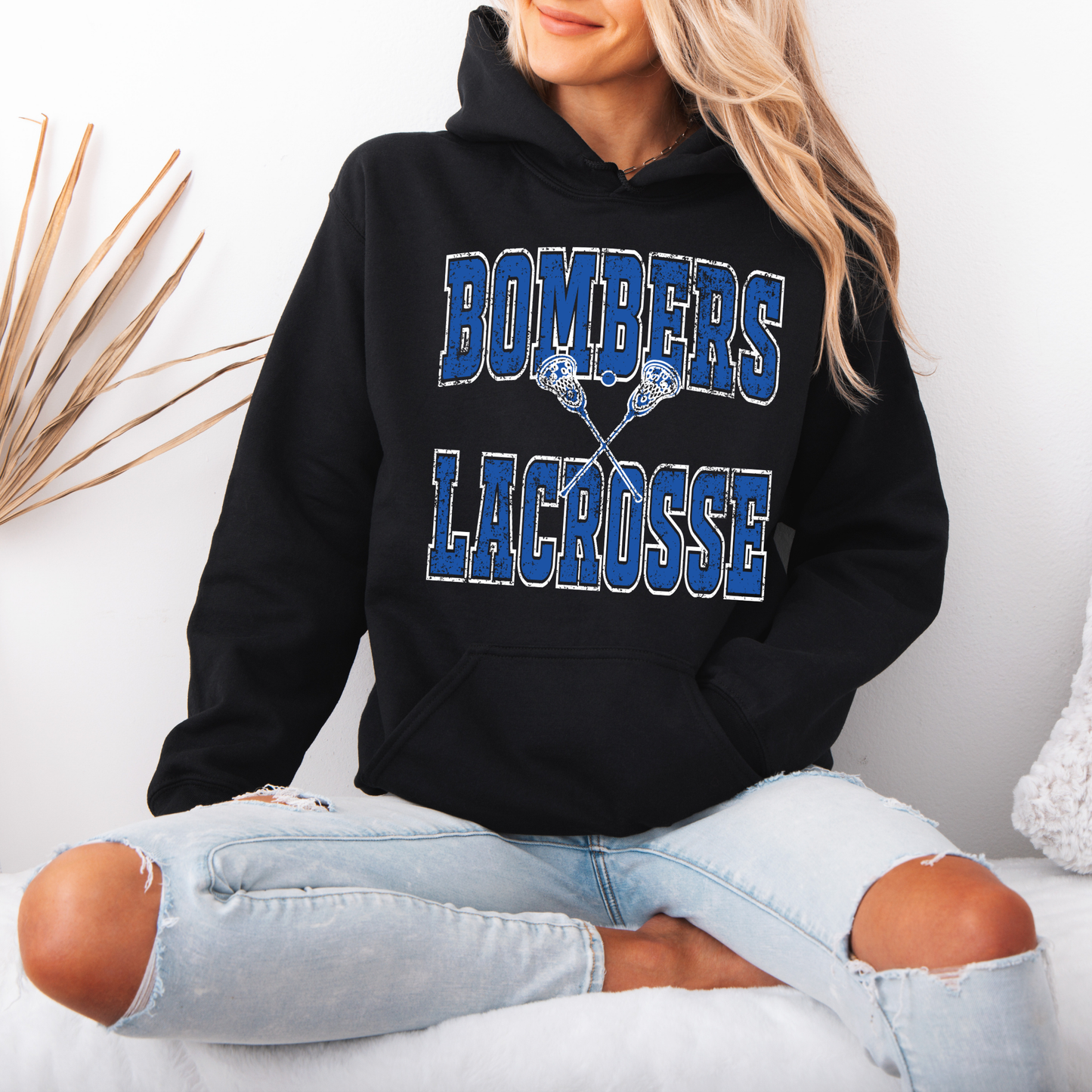 LAX- Bomber Lacrosse (Distressed)- Crewneck Sweatshirt or Hooded Sweatshirt or Tee Shirt