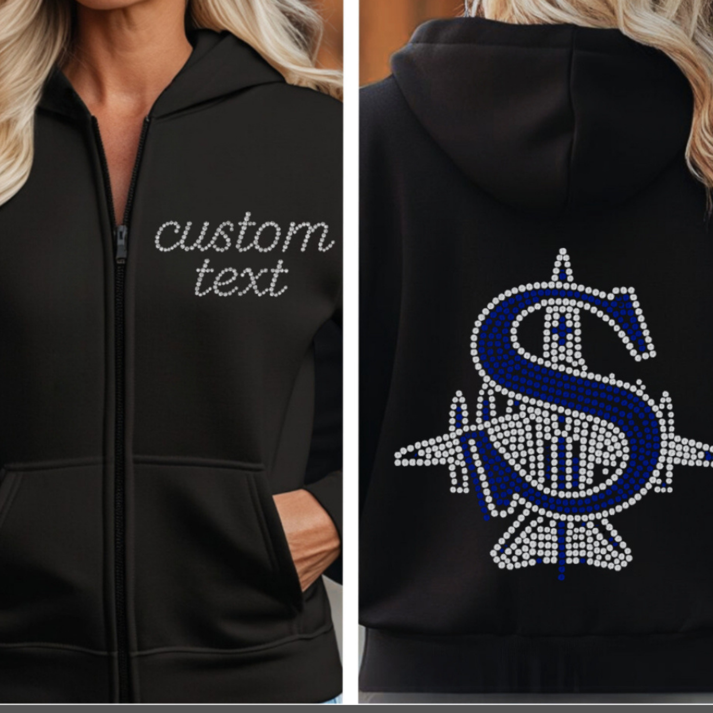 Wrestling 025 -Rhinestone Customized - FULL ZIP -HOODED Fleece Sweatshirt (handmade by J&F Creations)