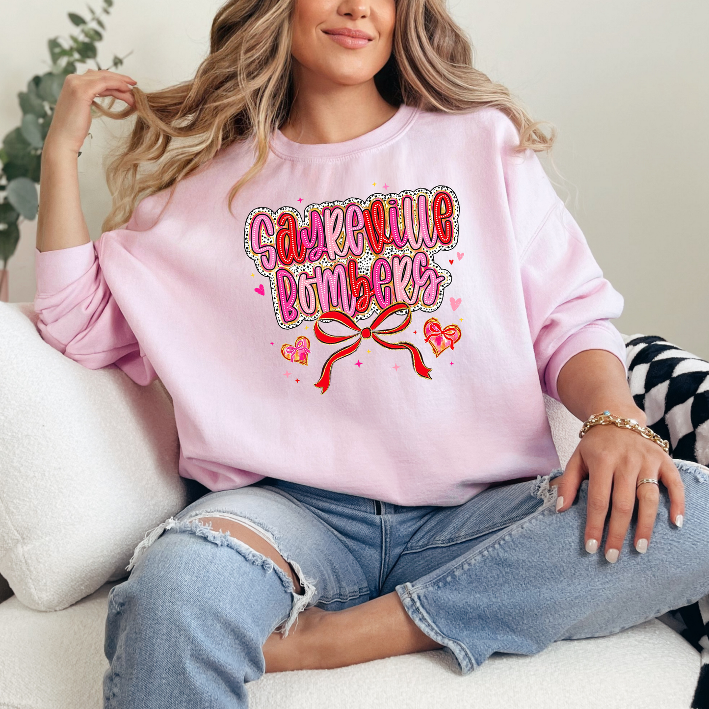 BGB 030 - SAYREVILLE BOMBERS with bow and 2 hearts- Crewneck Sweatshirt or Hooded Sweatshirt or Tee Shirt