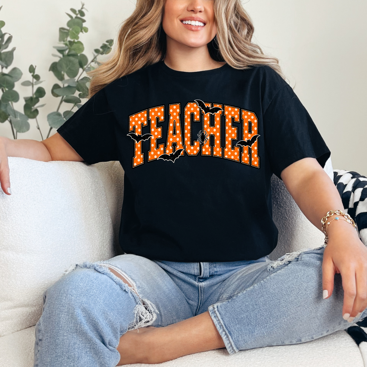 Arleth 025 - TEACHER (Halloween polka dot design) Tee Shirt, Crew neck Sweatshirt, or Hooded Sweatshirt