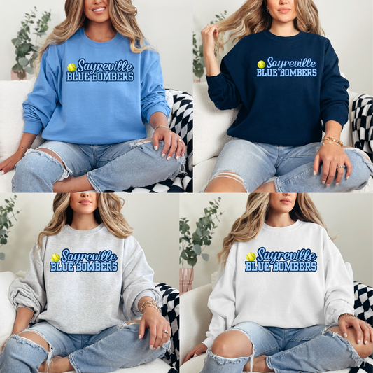 Blue Bombers 025 - Sayreville Blue Bombers Script Wording - Fleece Crew Neck Sweatshirt