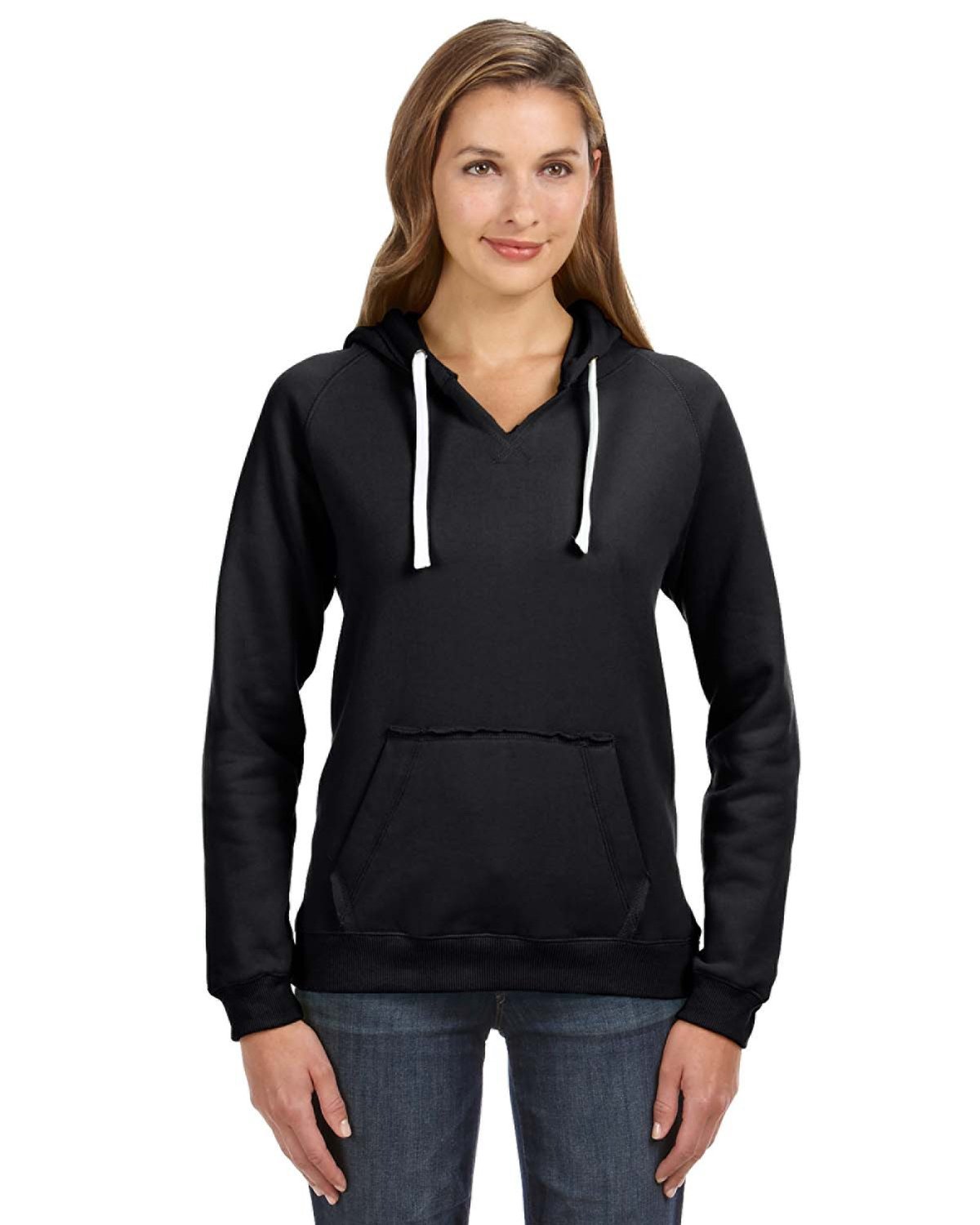 LAX 022 - J America LADIES - Sydney Brushed V-Neck THICK - Hooded Sweatshirt - Black